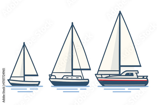 Three sailboats in profile view increasing in