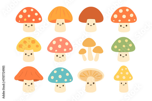 Set of twelve cute kawaii mushroom characters with smiling faces
