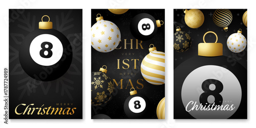 billiard Christmas and New Year posters. Golden Luxury xmas design for xmas party. Minimal art banner, poster, cover templates. Vector illustration
