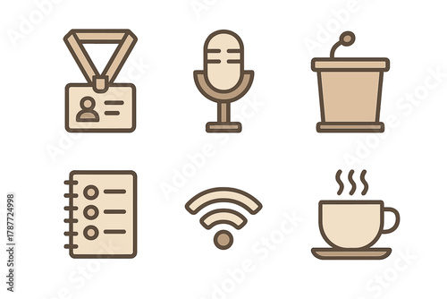 Set of conference and presentation icons featuring badge, microphone, podium, and beverage