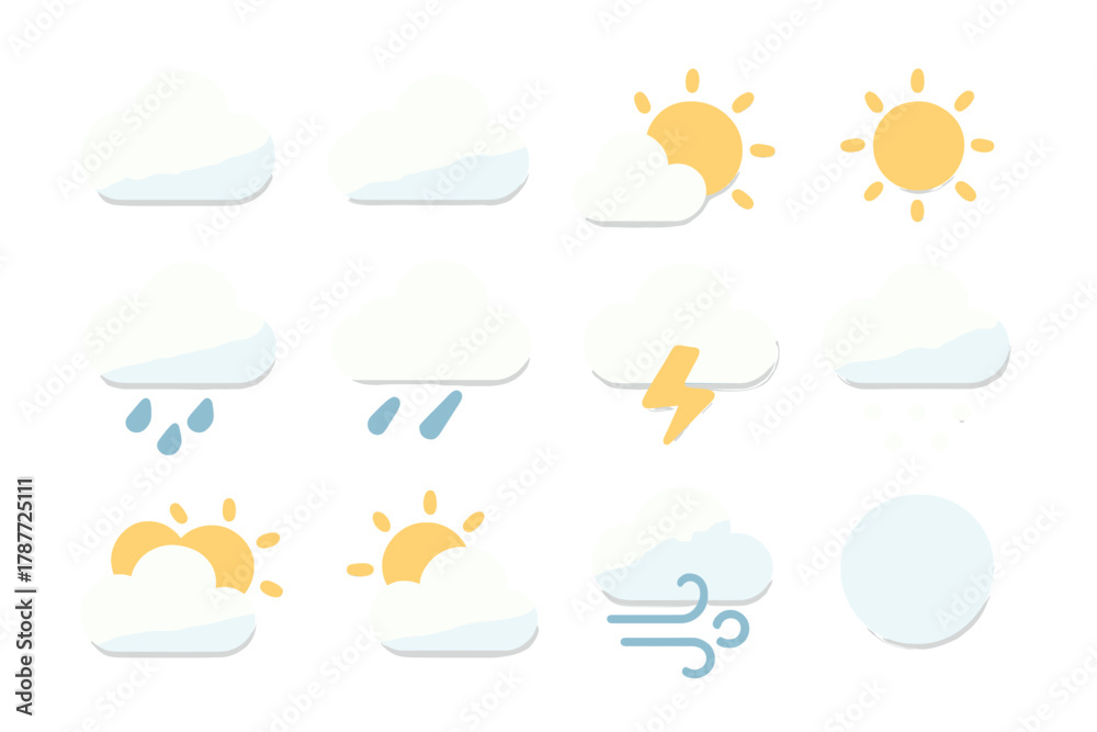Obraz premium Stylized weather condition icons featuring sun, clouds, rain, and wind