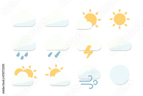 Stylized weather condition icons featuring sun, clouds, rain, and wind