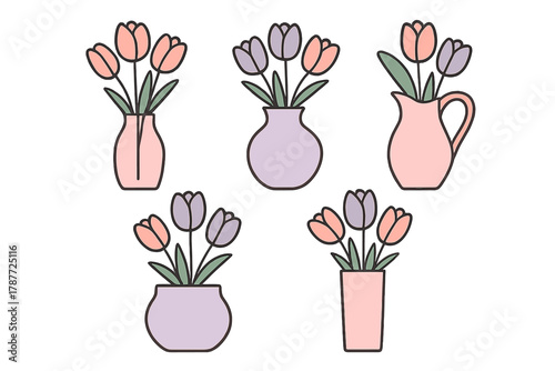 Stylized tulips in pastel colored vases and pitchers assortment
