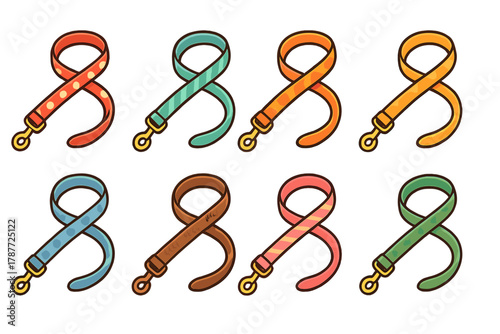 Assortment of vibrant dog leashes featuring diverse patterns and textures