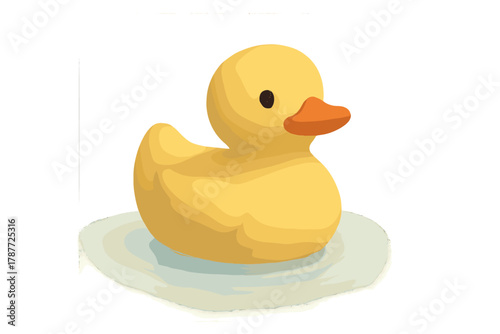 Cute yellow rubber bath toy duck floating on water ripples