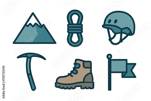 Collection of essential mountain climbing and hiking equipment icons