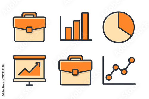 Business finance icons featuring briefcase and various data charts