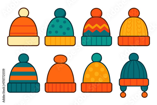 Collection of colorful knitted winter hats with pom poms and ear flaps