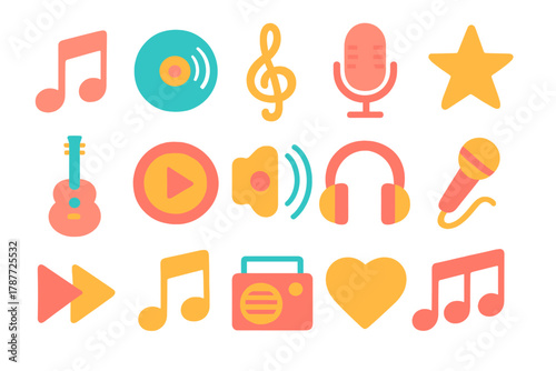 Colorful flat icons for music and audio playback functions