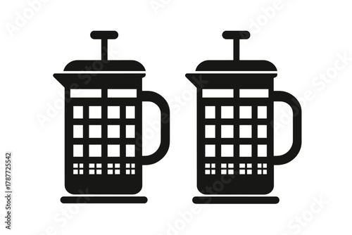 Two black silhouette icons of French press coffee makers side by side