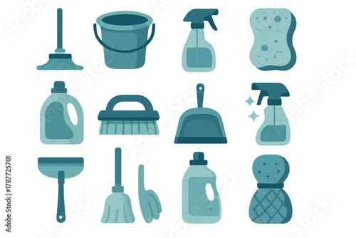 Set of cleaning supplies icons including mop, bucket, brush, and spray bottles