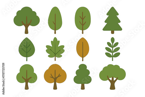 Set of stylized deciduous and coniferous tree icons with various leaf shapes
