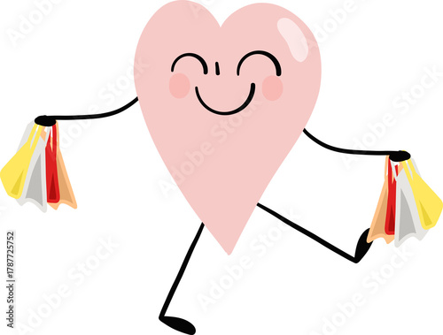 illustration of heart character run and shopping