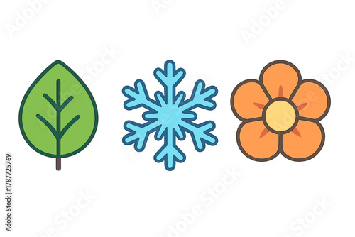 Four seasons concept icons with leaf, snowflake, and flower symbols