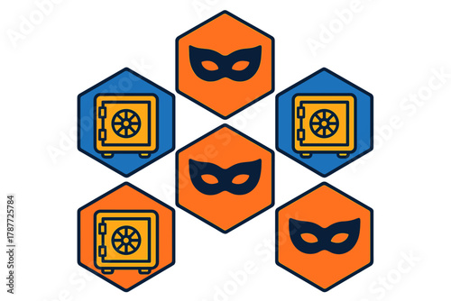 Theft and security concept with safe and burglar mask icons in hexagons