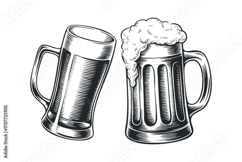 Two Frothy Beer Mugs in a Vintage Style