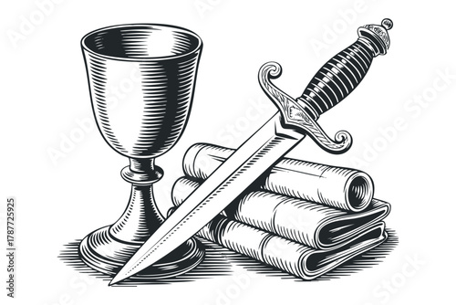 Engraved Chalice and Ornate Dagger on Stacked Scrolls
