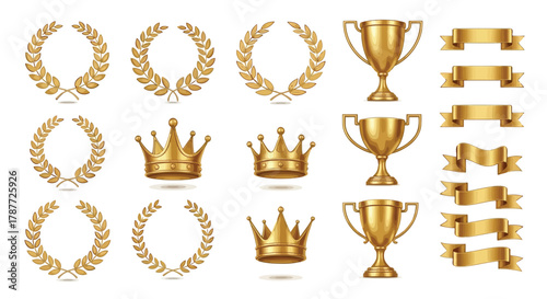 Vector art of a collection of golden award elements including laurel wreaths, crowns, trophies, and ribbons