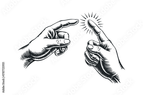 Two human hands reaching out with index fingers about to touch and create light