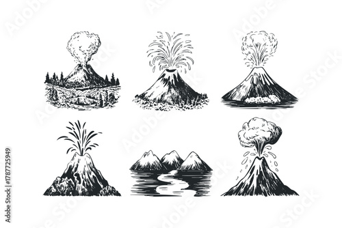 Volcano eruption and mountain landscape sketches