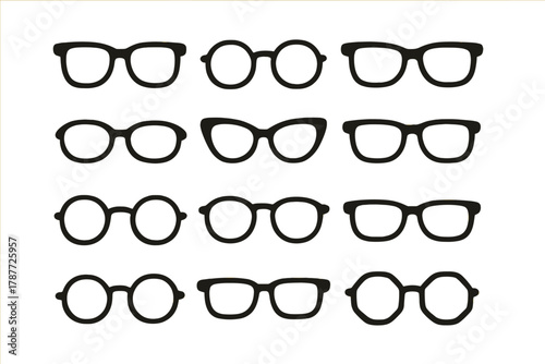 Various black silhouette icons of modern and classic eyeglass frames
