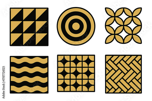 Six abstract geometric patterns in black and gold colors