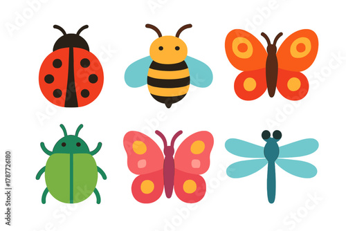 Six colorful cartoon insects including ladybug bee butterfly and dragonfly