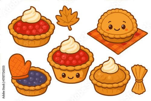 Kawaii autumn pies and harvest icons set with cute faces