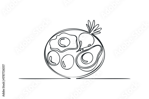 One line art breakfast plate with fried egg and avocado