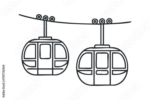 Two line art cable cars suspended from wire