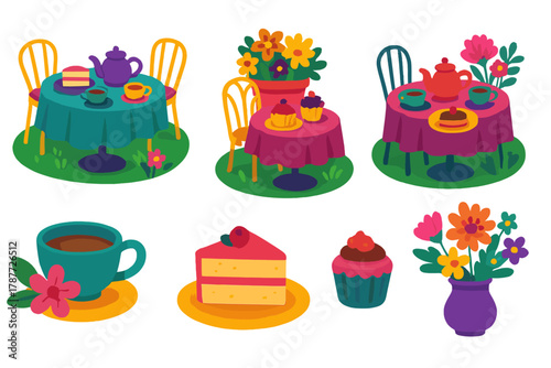 Charming outdoor tea party setting with cakes and floral arrangements