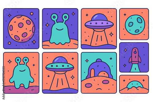 Collection of cute space icons featuring aliens planets and flying saucers