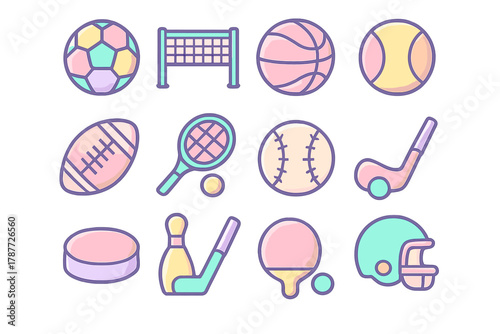 Pastel colored icons of sports equipment for team and individual games