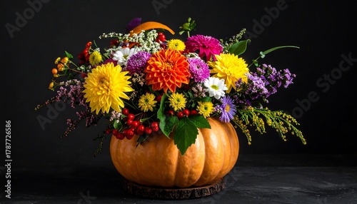 Wallpaper Mural Autumnal pumpkin centerpiece with vibrant dahlia and berry accents. Torontodigital.ca