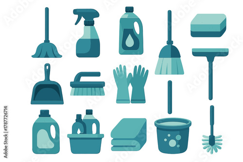 Assortment of household cleaning tools and supplies icons
