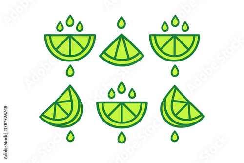 Fresh lime slices with dripping juice icons set