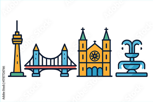 Collection of urban landmarks featuring bridge tower church and water fountain icons