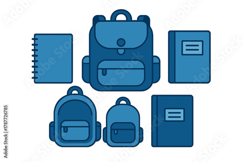 Assortment of blue backpacks and spiral notebooks in modern flat design