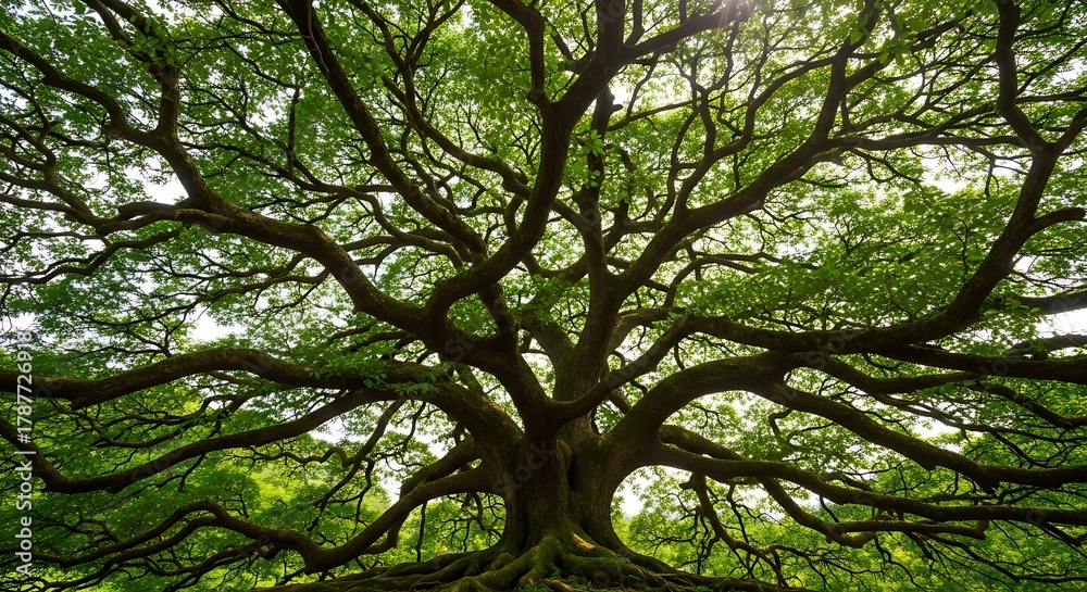 Fototapeta premium Massive ancient tree with sprawling branches and green leaves large tree
