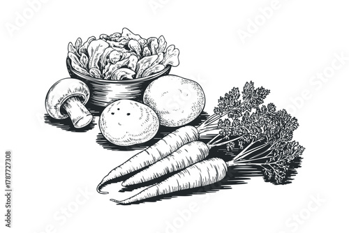 Vegetable still life with carrots and mushrooms