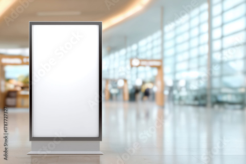 Vertical blank billboard mockup inside a spacious airport terminal with glass walls and blurred travelers in the background — perfect for travel-related advertising, airline promotions