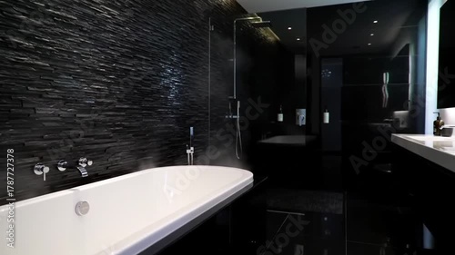 Luxurious modern bathroom with a sleek bathtub and dark, reflective surfaces