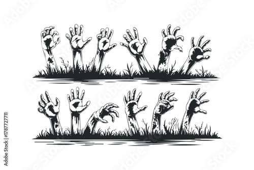 Horror undead hands emerging from ground with grass