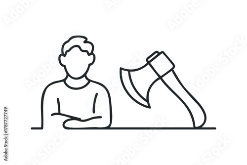 Man with folded arms next to an axe