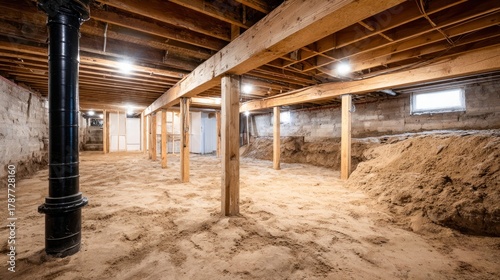 Interior view of a basement with exposed wooden beams and sand floor