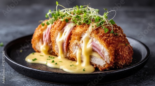 Delicious chicken cordon bleu with ham and cheese, served on a black plate