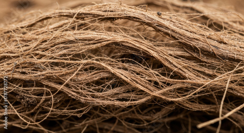 Close up of natural brown coconut coir fibers intertwined in organic texture for eco friendly materials and sustainable crafts