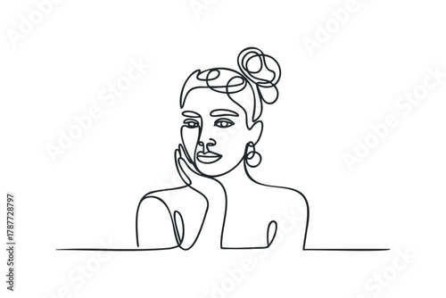 Minimalist line drawing of a woman with hand on cheek
