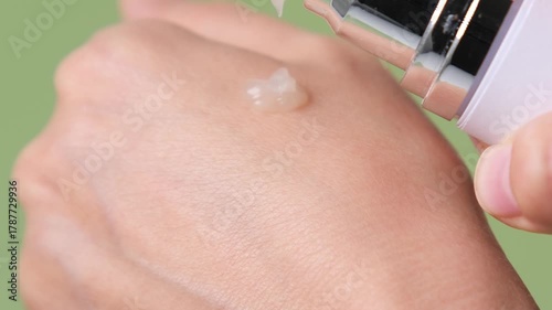 A woman's hands squeeze out cream or serum for face, hand or body care and demonstrate the texture by spreading it on the back of her hand against a white background.