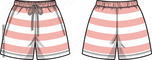 Flat sketch of striped shorts front and back view with drawstring waistband, stitching details, summer fashion vector illustration for stock